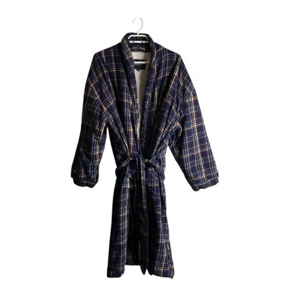 Logan Hill Unisex Blue Plaid Sherpa Lined Lounge Robe - Picture 1 of 9